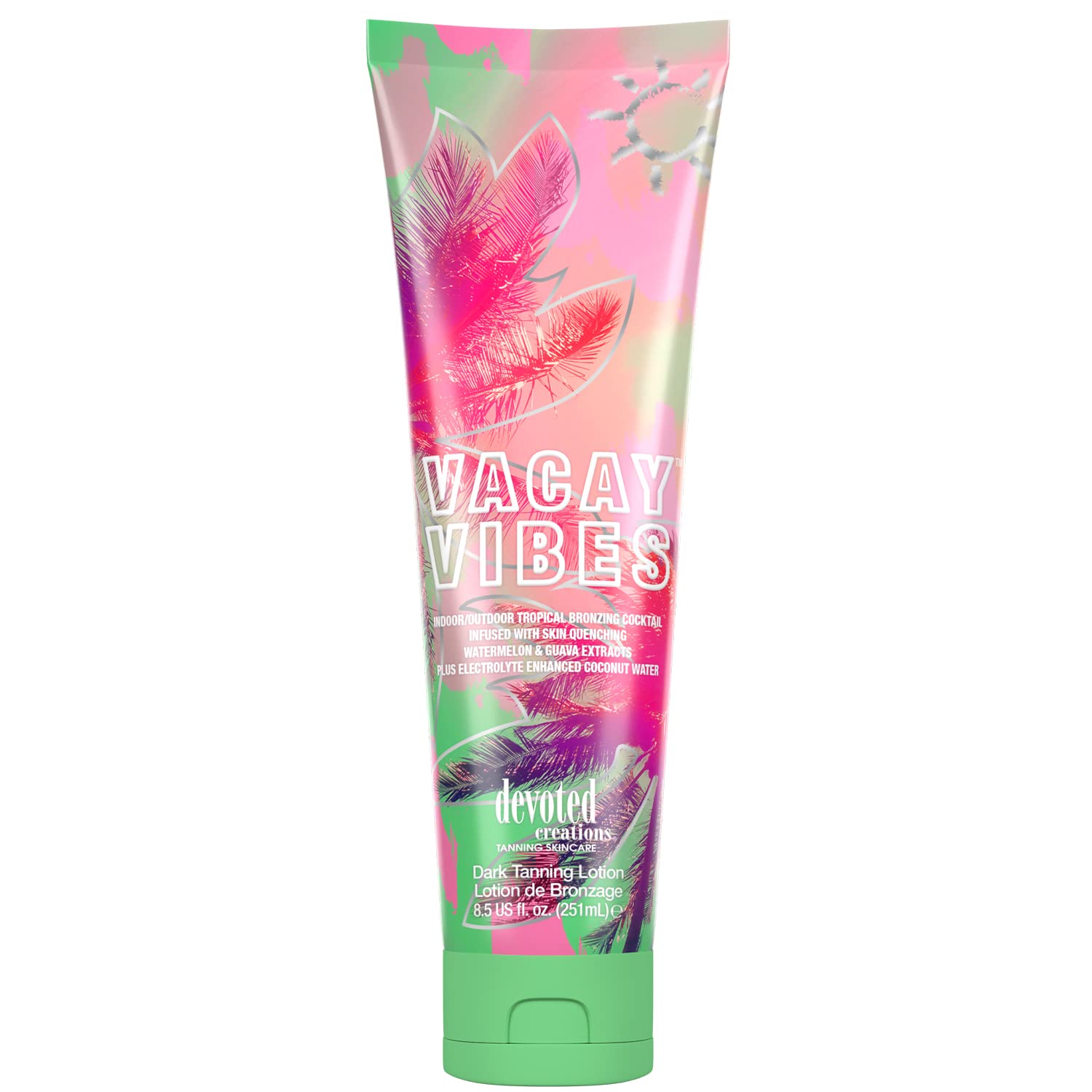 Devoted Creations frasco Vacay Vibes frente mostrando etiqueta tropical y benefício de bronceado