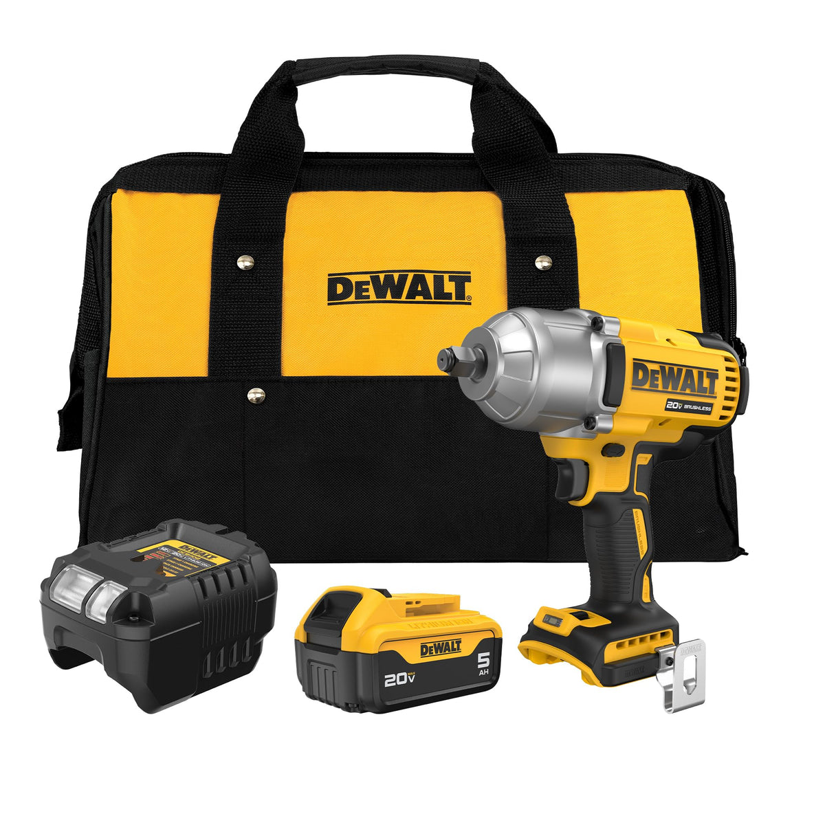 DEWALT vista frontal del kit mostrando la llave y accesorios, facilita identificación rápida