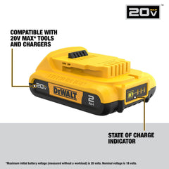 DEWALT vista lateral de la batería compacta resaltando diseño ligero y eficiencia