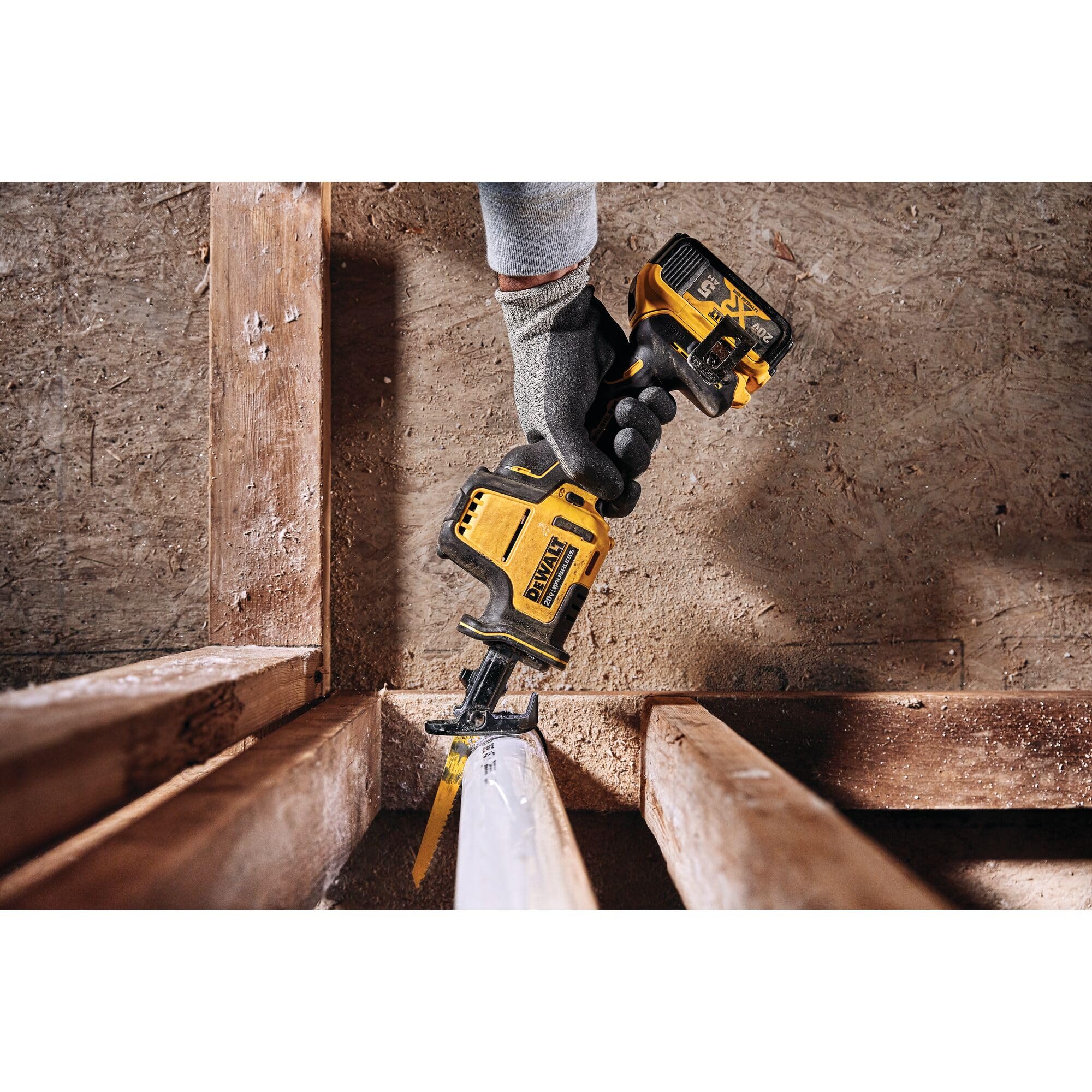 DEWALT blade-release close-up shows tool-free change for fast swaps