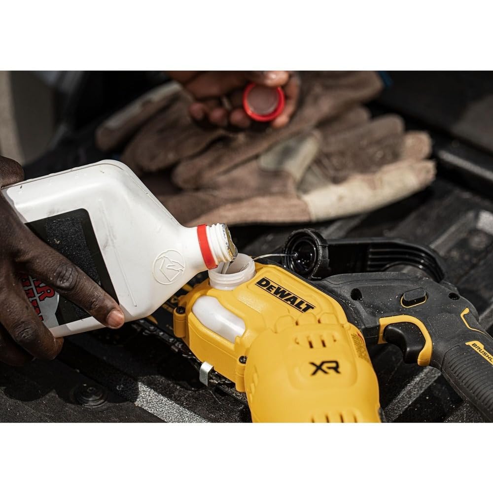 DEWALT oil fill cap detail showing easy maintenance and smoother cutting benefit