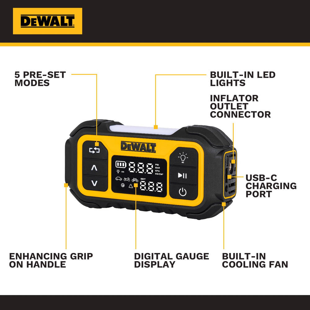 DEWALT inflador en mano mostrando tamaño ligero y fácil manejo