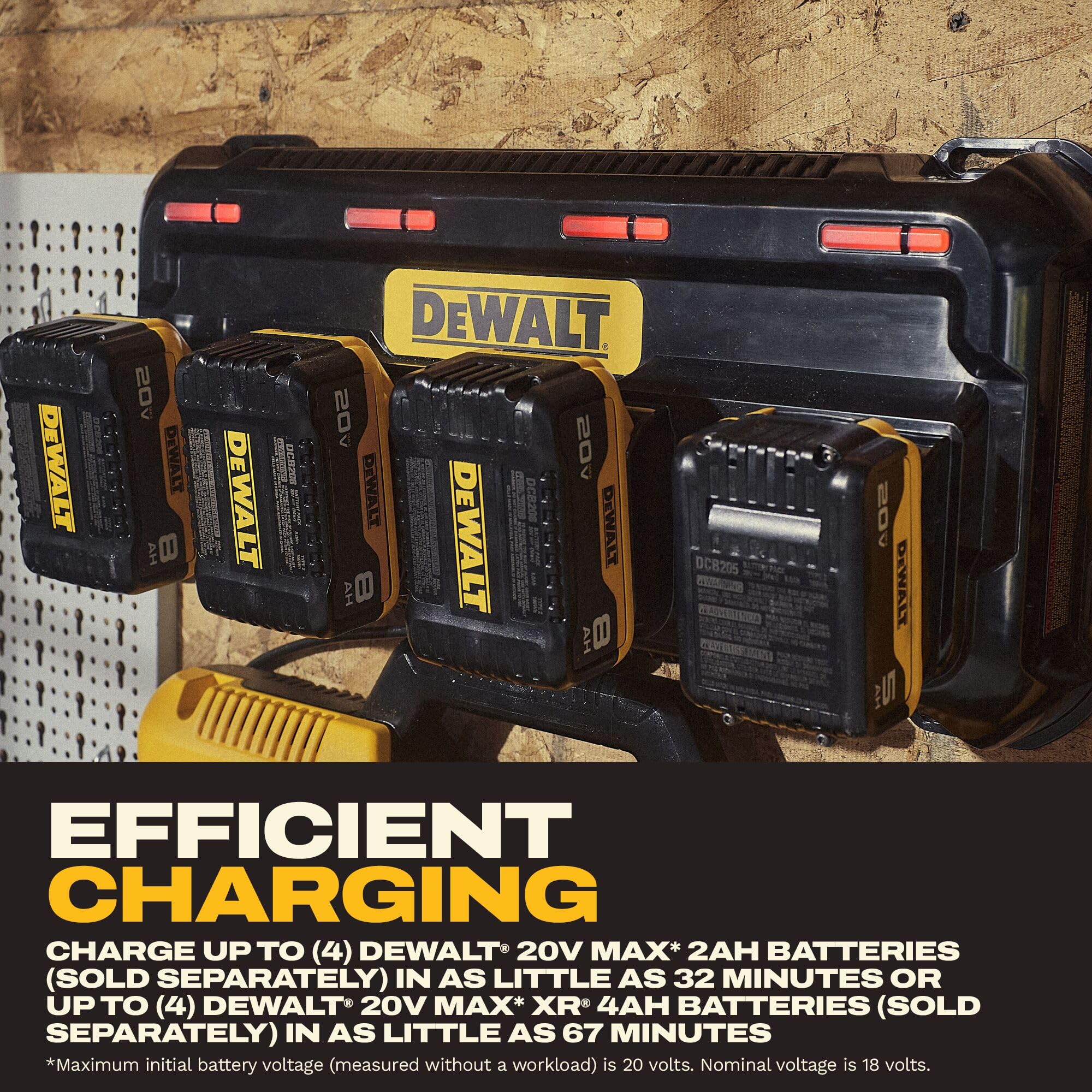 DEWALT cuatro baterías 20V MAX en carga, recarga rápida y múltiple