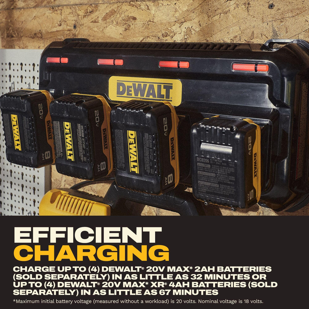 DEWALT cuatro baterías 20V MAX en carga, recarga rápida y múltiple