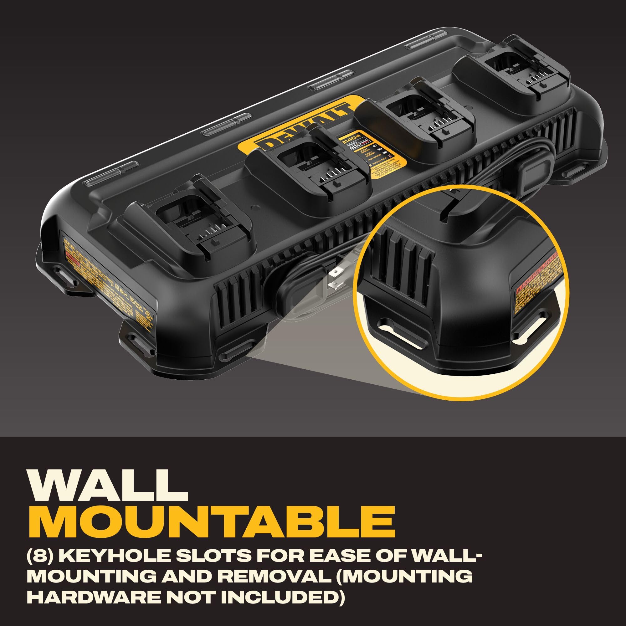 DEWALT cargador junto a herramientas para comparar tamaño y escala