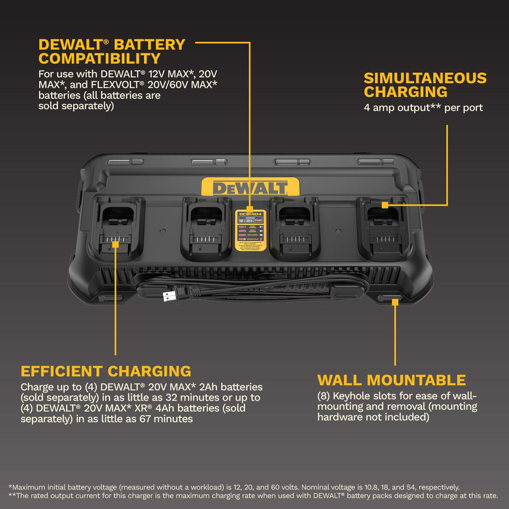 DEWALT detalle de puertos mostrando ranuras y conectores, carga simultánea segura