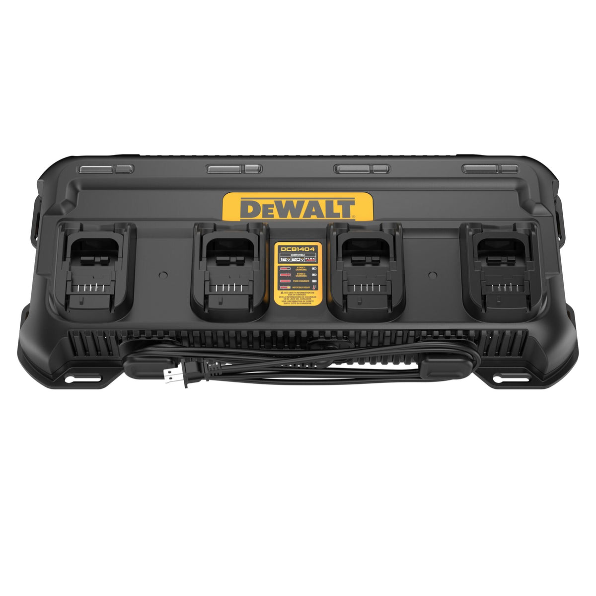 DEWALT cargador DCB1404 frontal con cuatro ranuras, organización eficiente