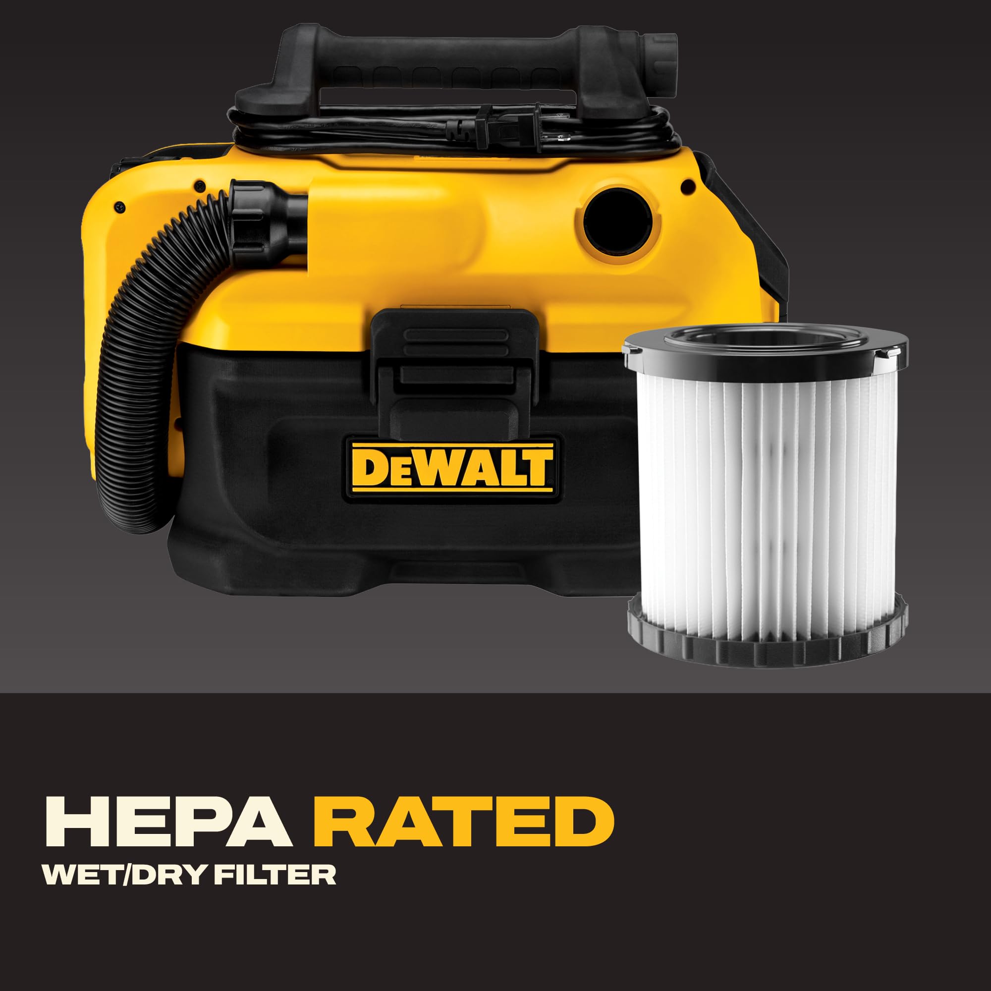 DEWALT aspiradora DCV581H funcionando con batería 20V MAX en obra, máxima movilidad