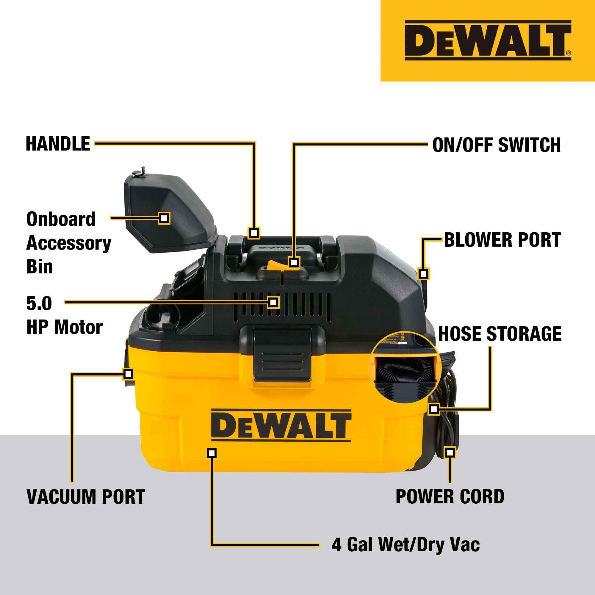 DEWALT DXV04T manguera y accesorios organizados listos para uso