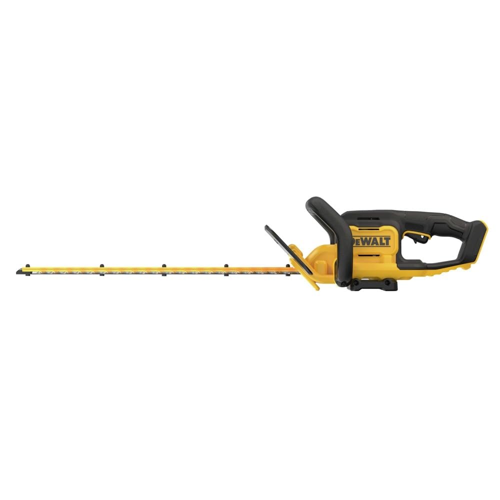 DEWALT trimmer in use on hedge demonstrating fast, precise trimming