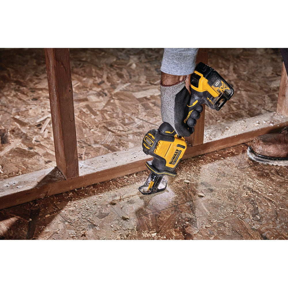 DEWALT saw being used one-handed for improved reach and control