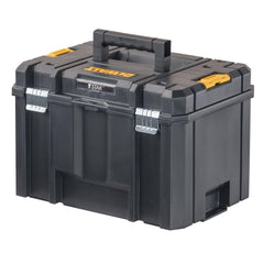 DEWALT caja TSTAK frontal mostrando diseño apilable y capacidad extra