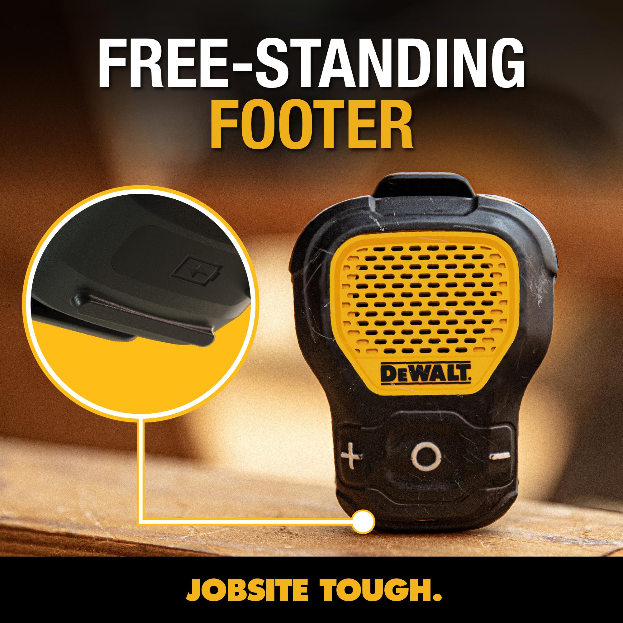 DEWALT vista lateral con pie integrado para estabilidad en superficies