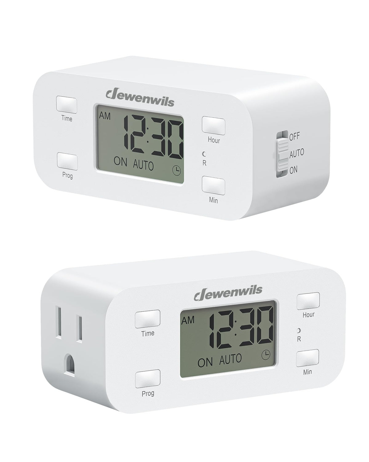 DEWENWILS enchufe programable frontal mostrando pantalla y botones, ahorro fácil