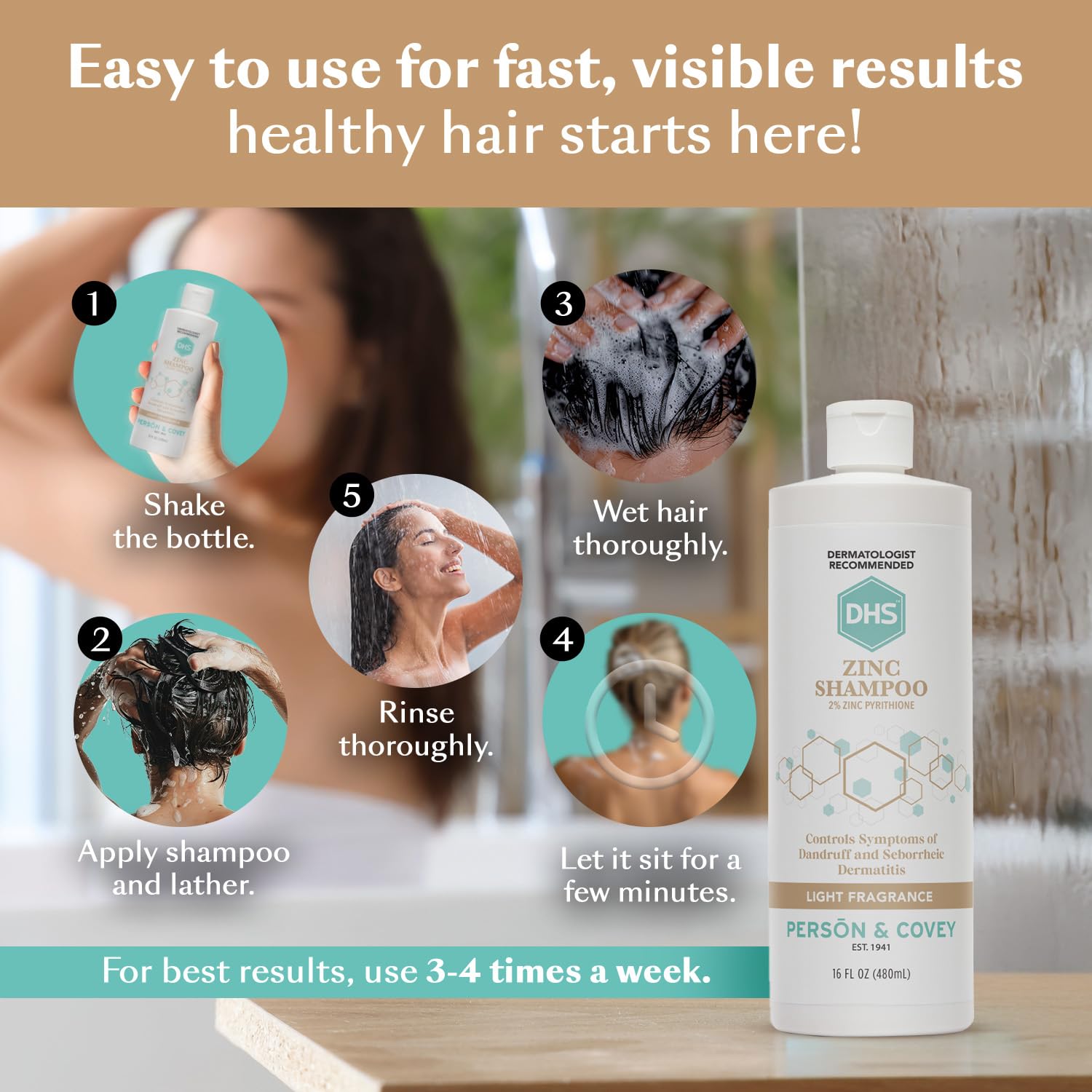 DHS champú zinc cabello brillante sin escamas en ambiente cotidiano