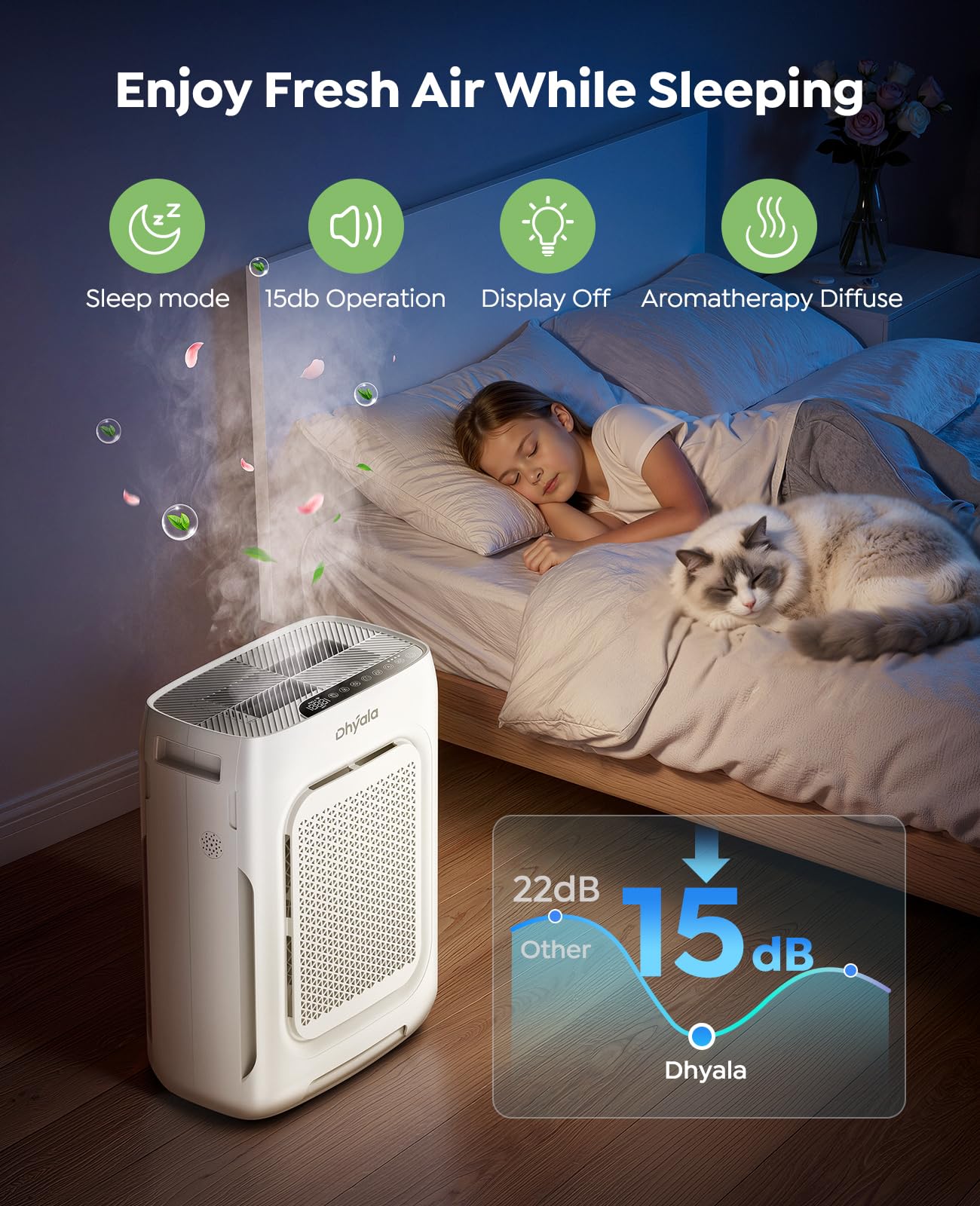 Dhyala in bedroom at night on 15 dB sleep mode for quiet restful air cleaning