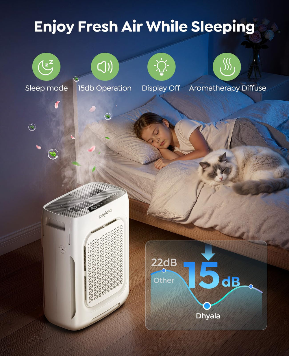 Dhyala in bedroom at night on 15 dB sleep mode for quiet restful air cleaning