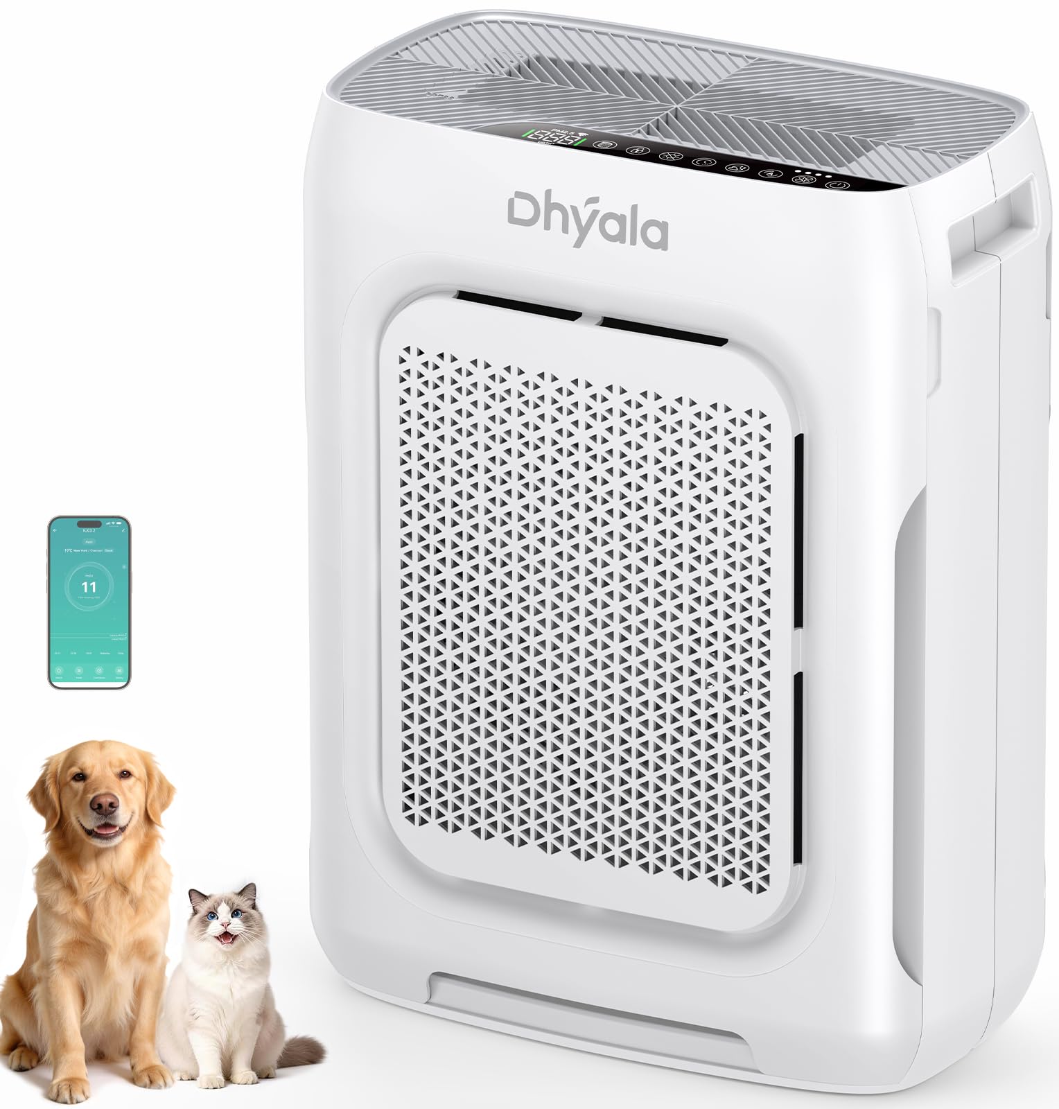 Dhyala front view of air purifier showing sleek tower and vents, improved circulation