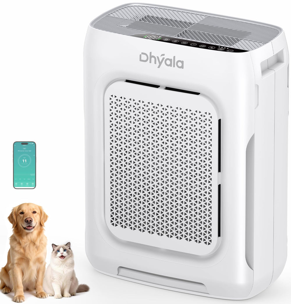 Dhyala front view of air purifier showing sleek tower and vents, improved circulation