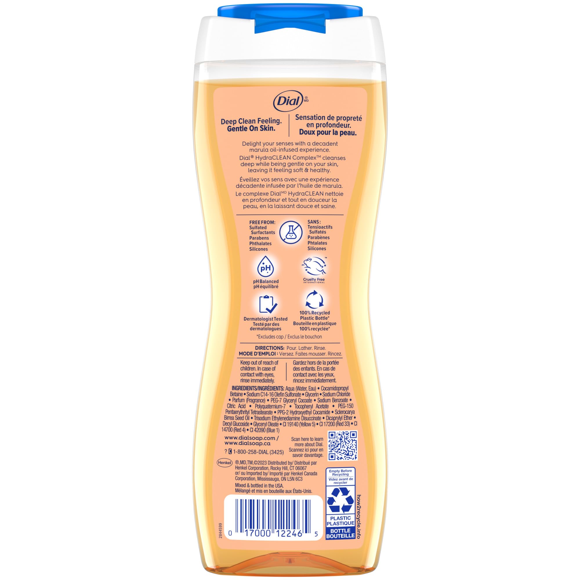 Dial gel de baño en uso durante ducha femenina, piel suave al tacto