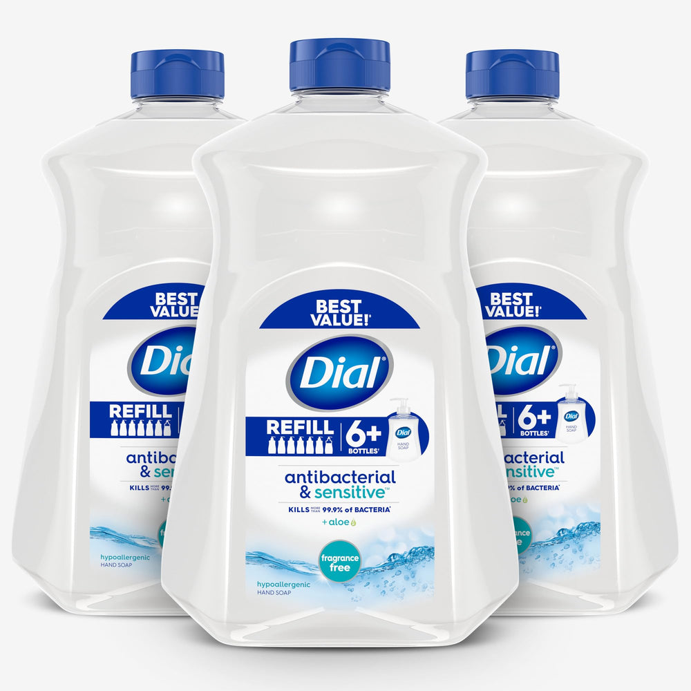 Dial frasco 52 fl oz frontal mostrando etiqueta y beneficio antibacterial