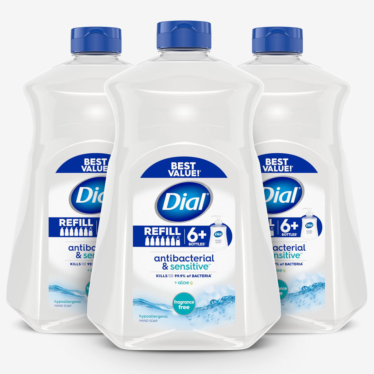 Dial frasco 52 fl oz frontal mostrando etiqueta y beneficio antibacterial