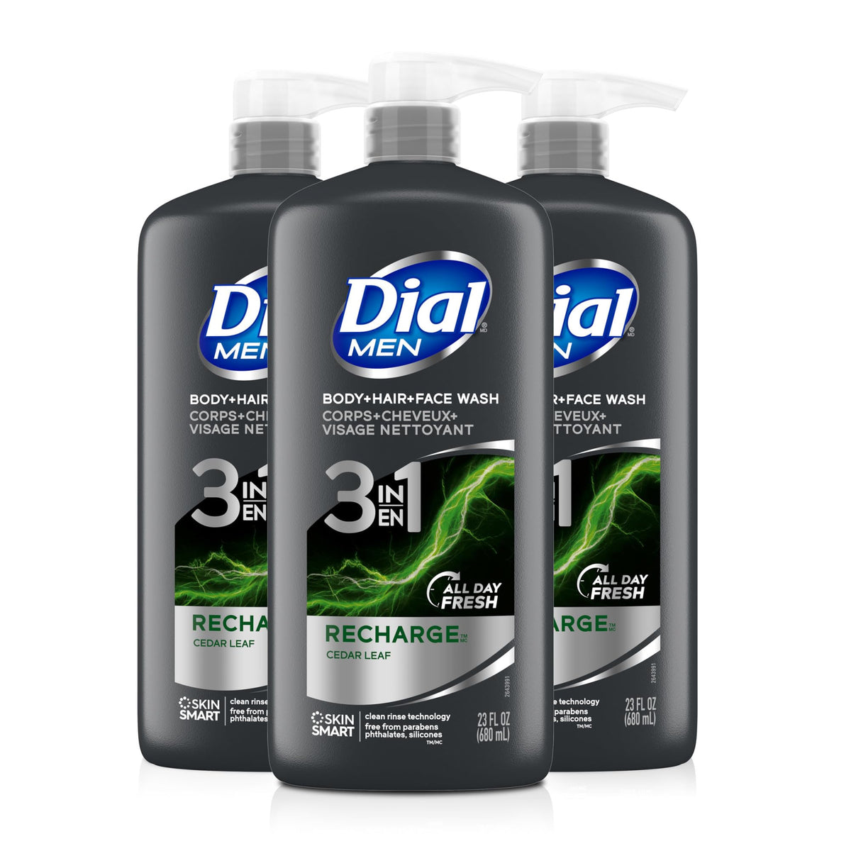 Dial envase frontal mostrando 3 en 1 y beneficio de limpieza eficiente