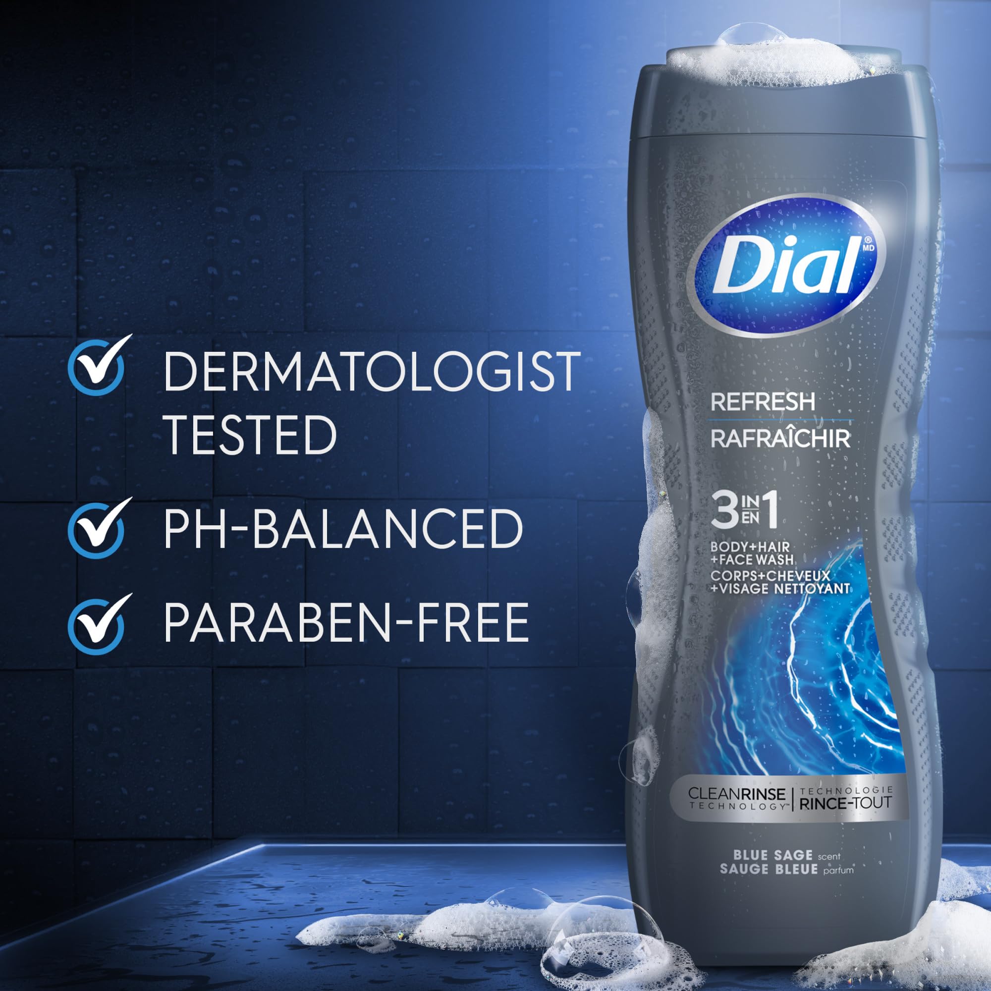 Dial hombre en ducha usando el gel para limpieza rápida y completa