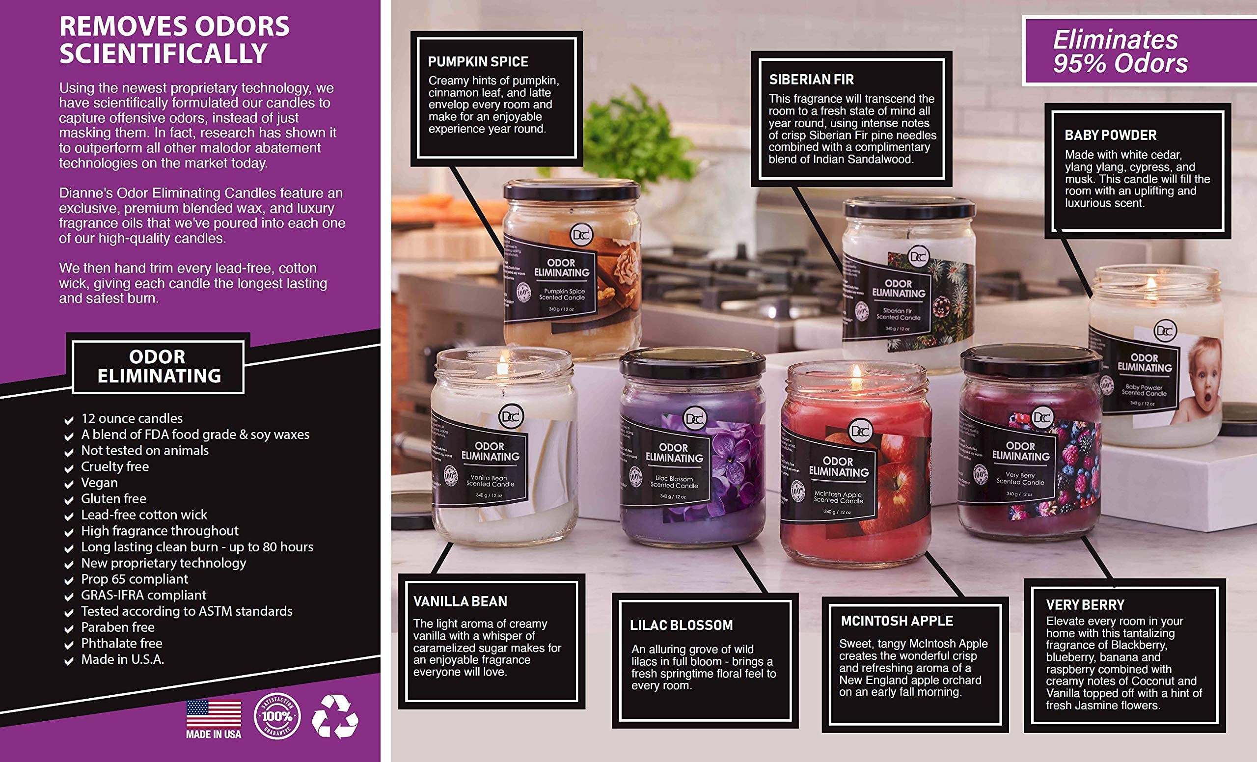 Dianne's Custom Candles en cocina neutralizando olores de comida y humo eficazmente