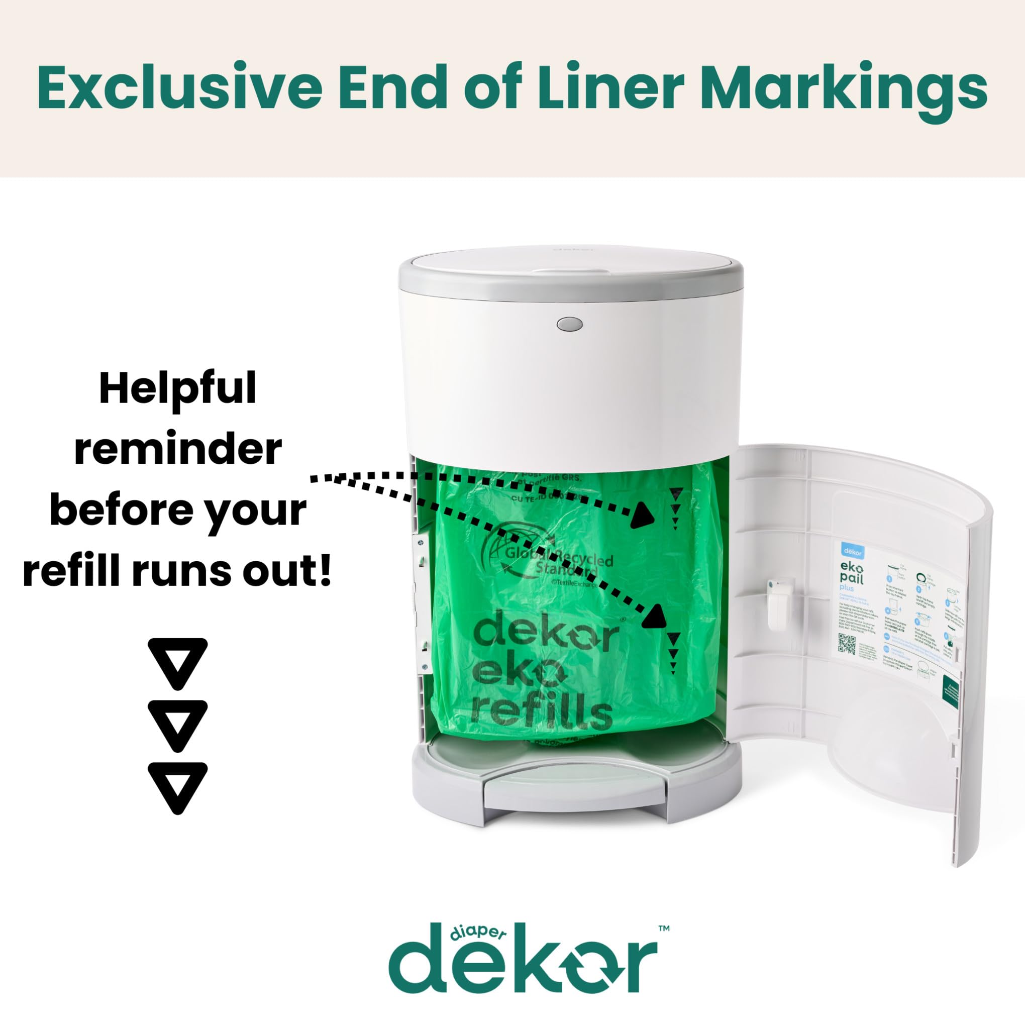 Diaper Dekor etiqueta con sello GRS y texto sobre material reciclado