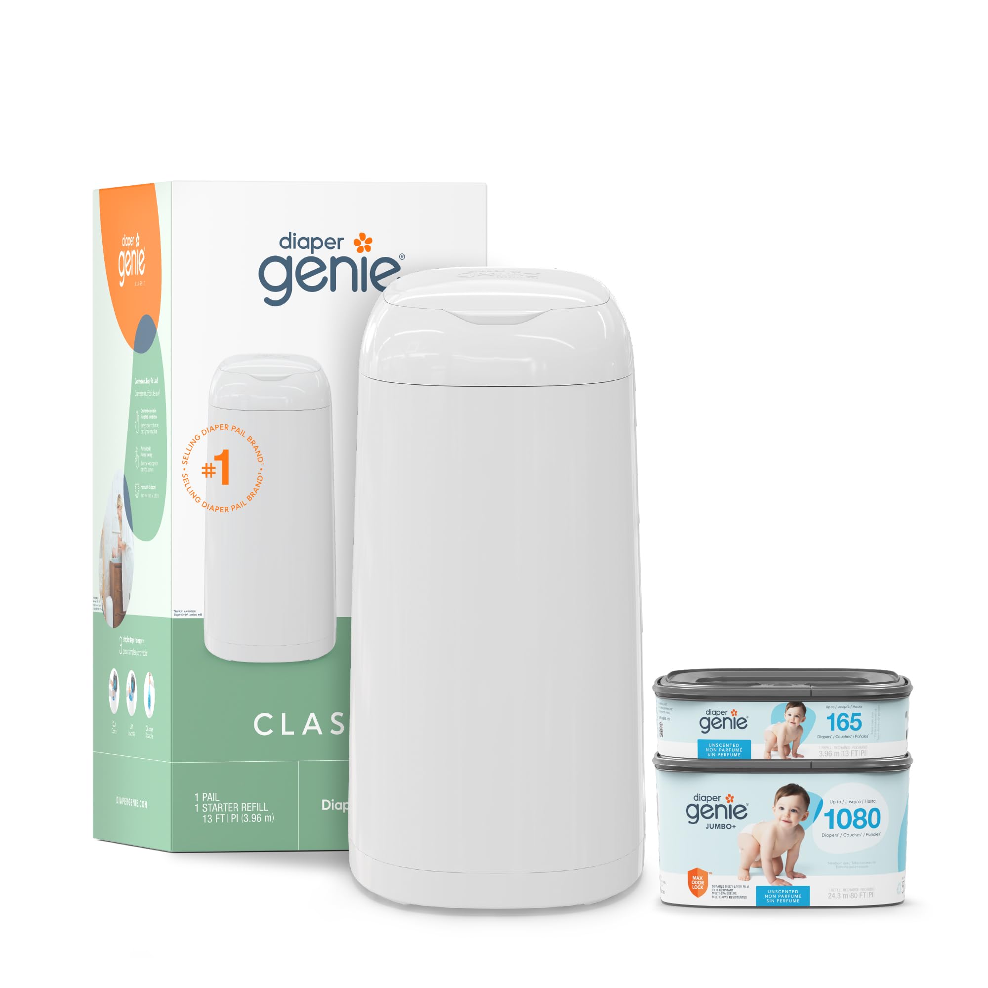 Diaper Genie vista frontal en habitación infantil, mantiene aromas controlados