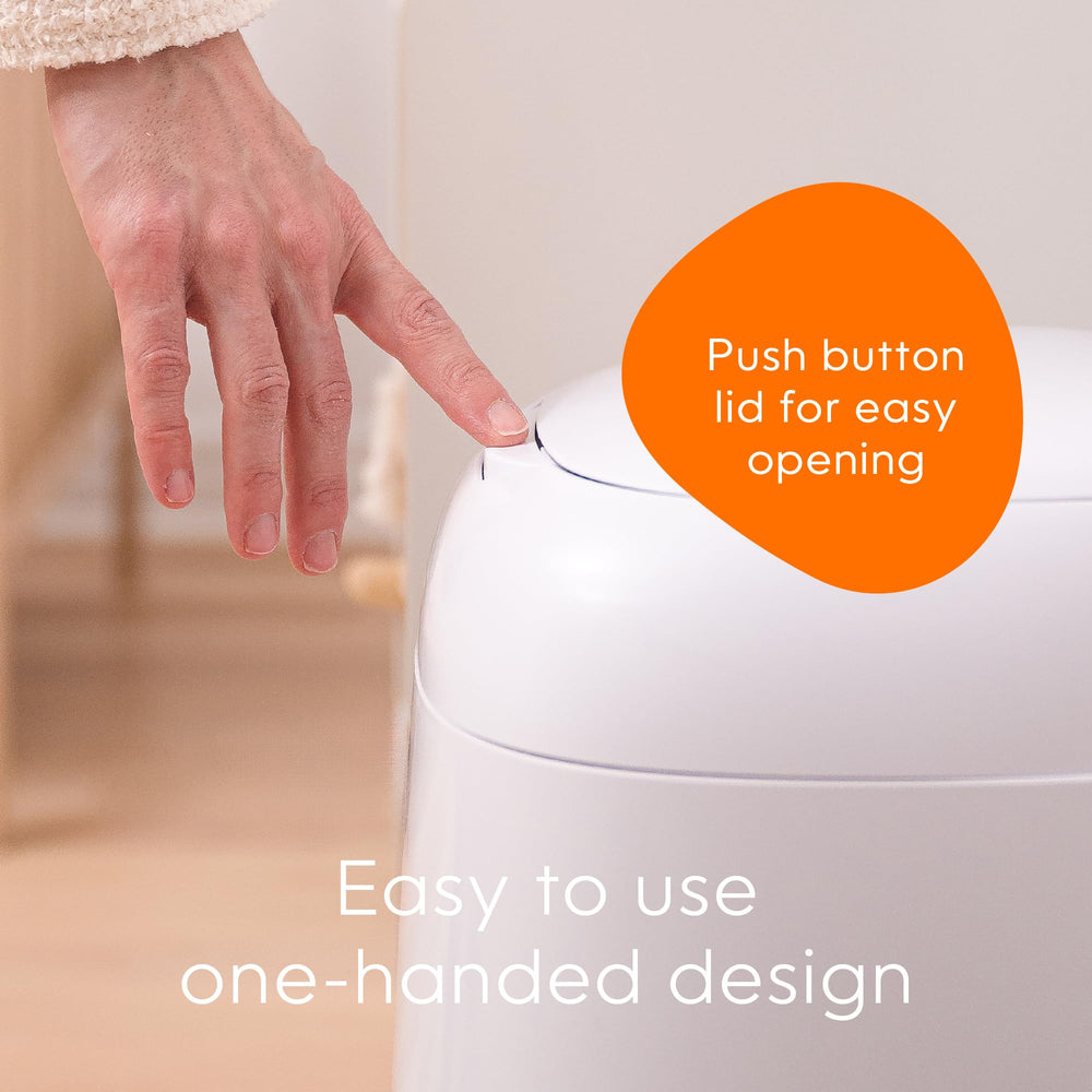 Diaper Genie detalle del cierre Push-N-Lock, sellado que reduce olores