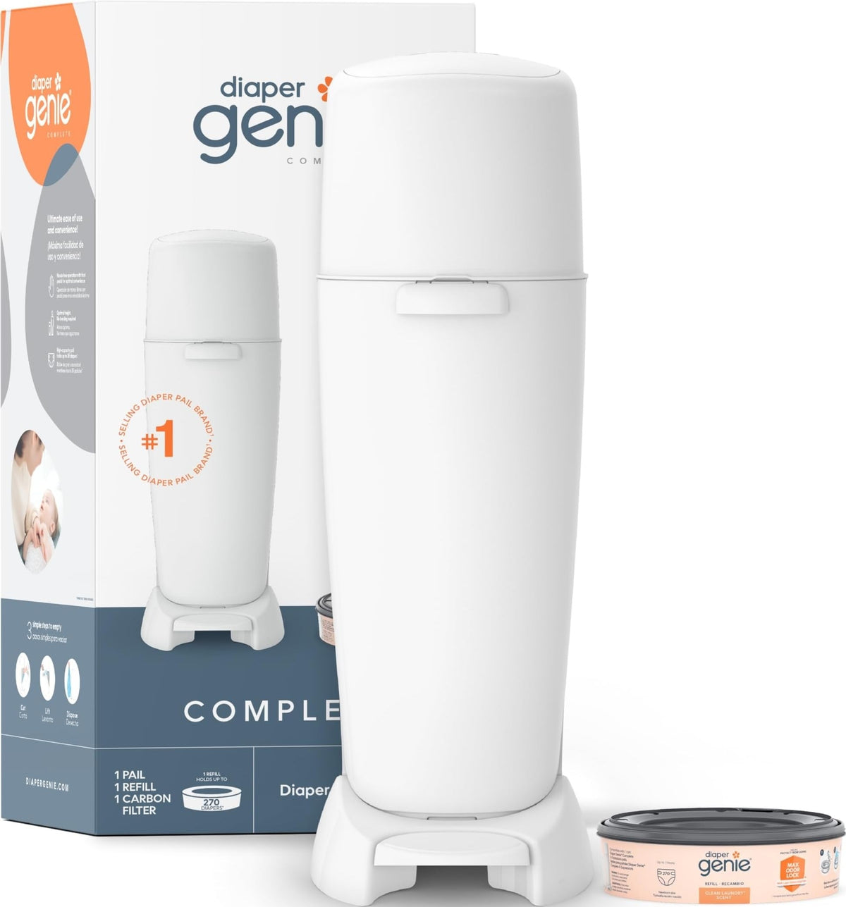 Diaper Genie vista frontal del cubo blanco ofreciendo control de olores