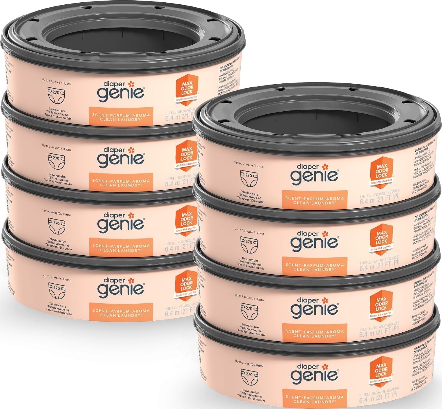 Diaper Genie paquete frontal de 8 rollos mostrando ahorro y duración