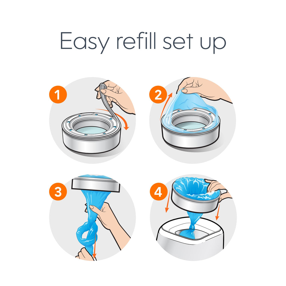 Diaper Genie instalación del recambio en cubo demostrando fácil montaje