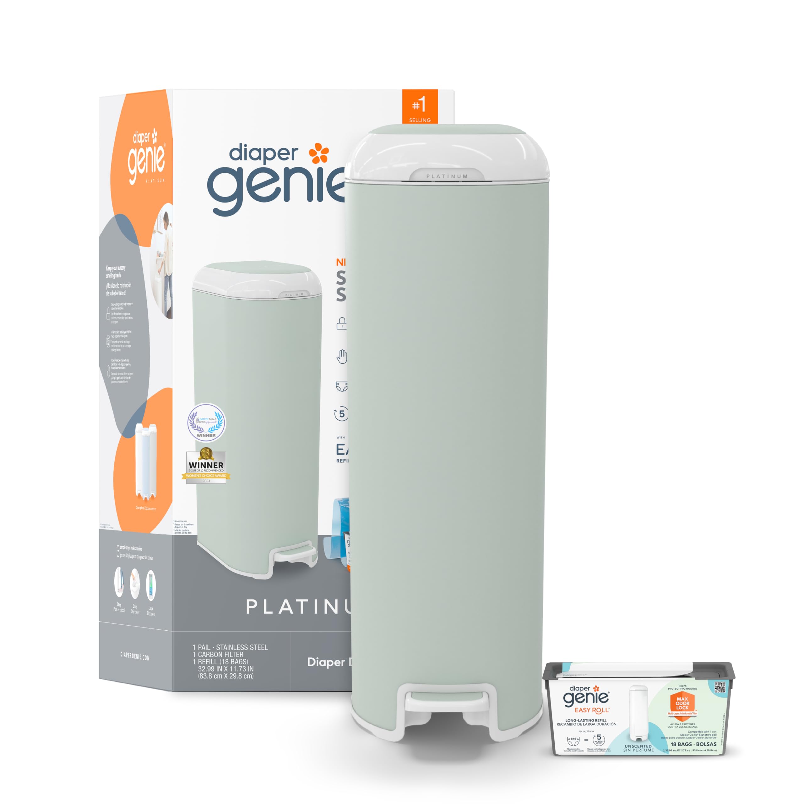 Diaper Genie frontal en sage green mostrando diseño y capacidad