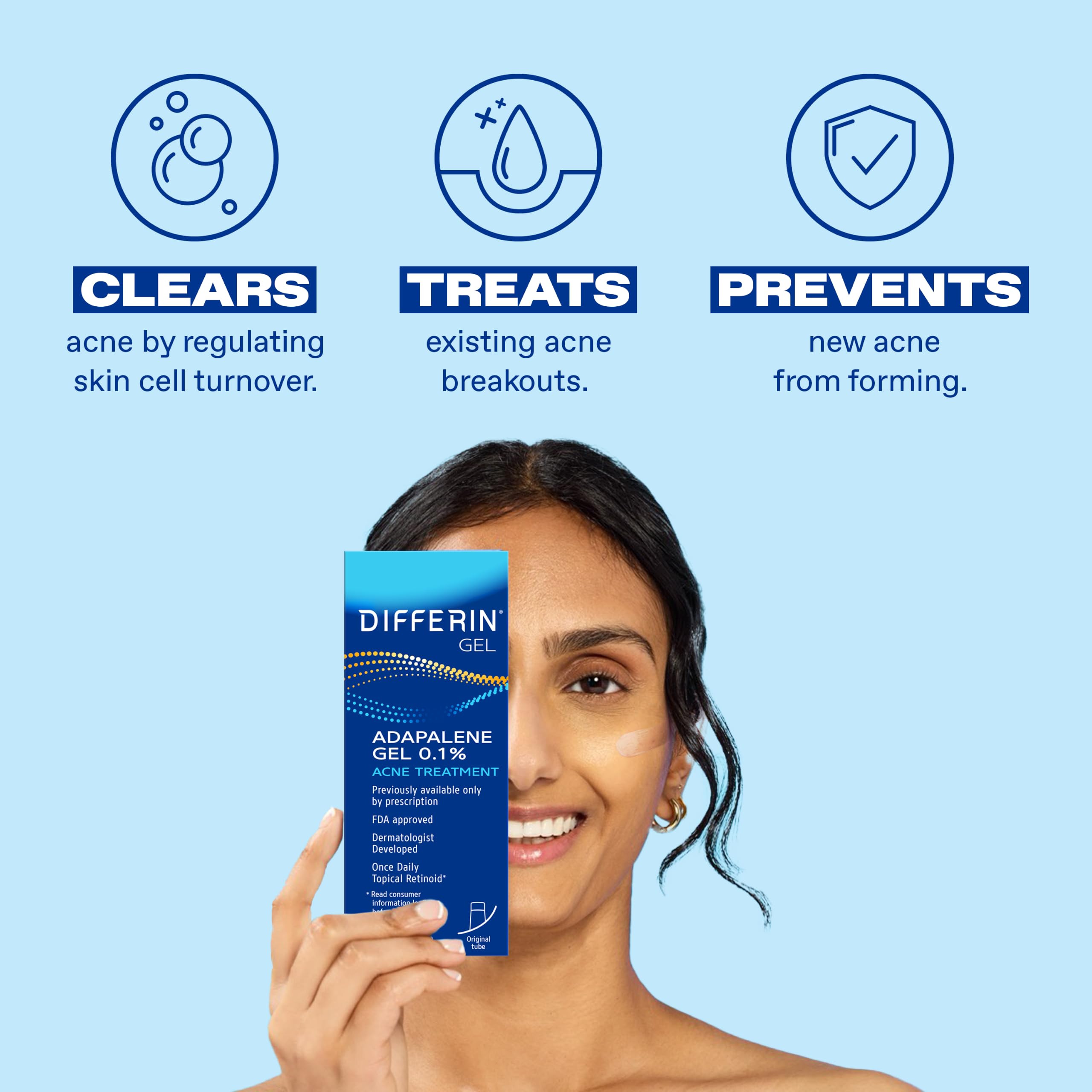Tubo de Differin gel 45 g en primer plano para aplicación directa y control