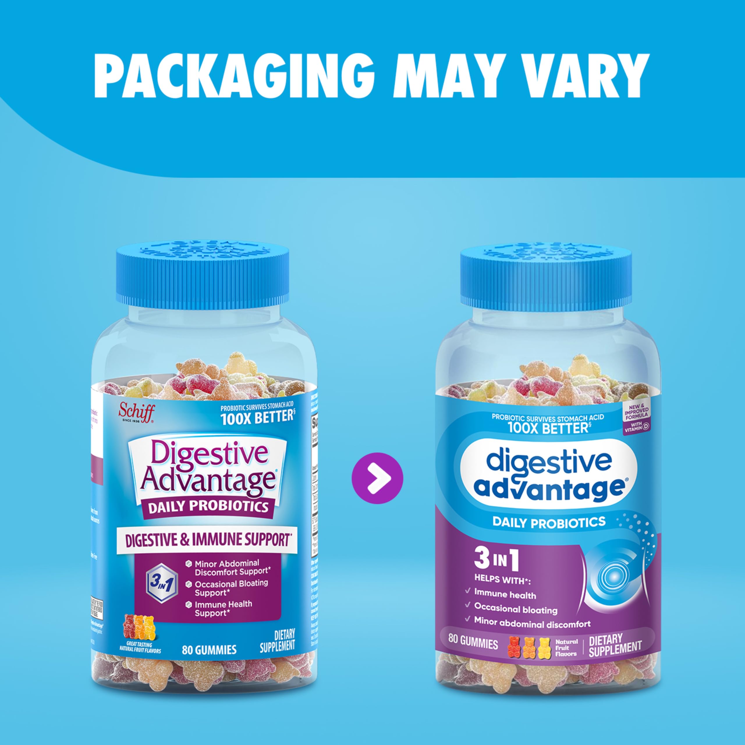 Digestive Advantage gomita junto a moneda para comparación de tamaño efectiva