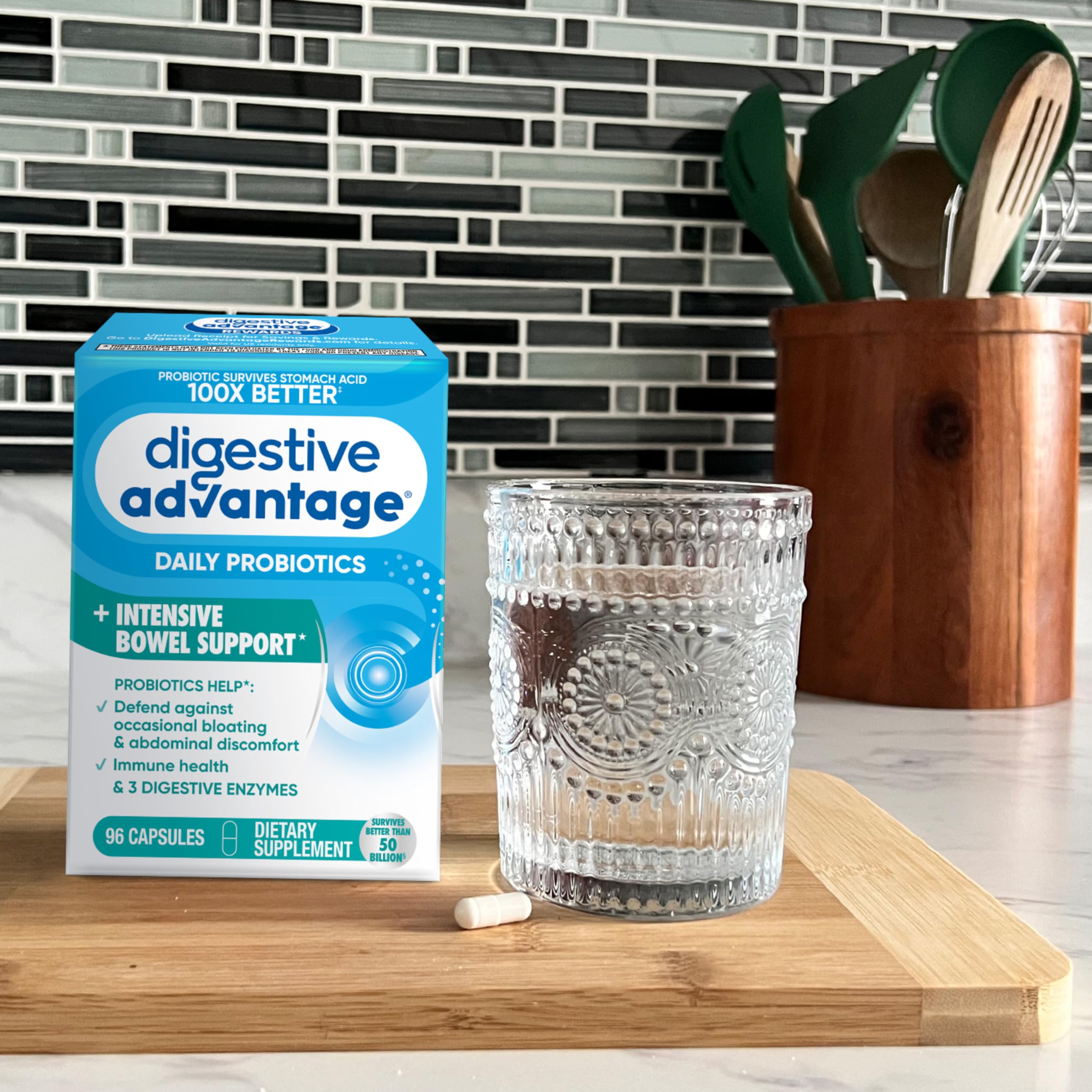 Escena de desayuno con Digestive Advantage enfatizando apoyo digestivo