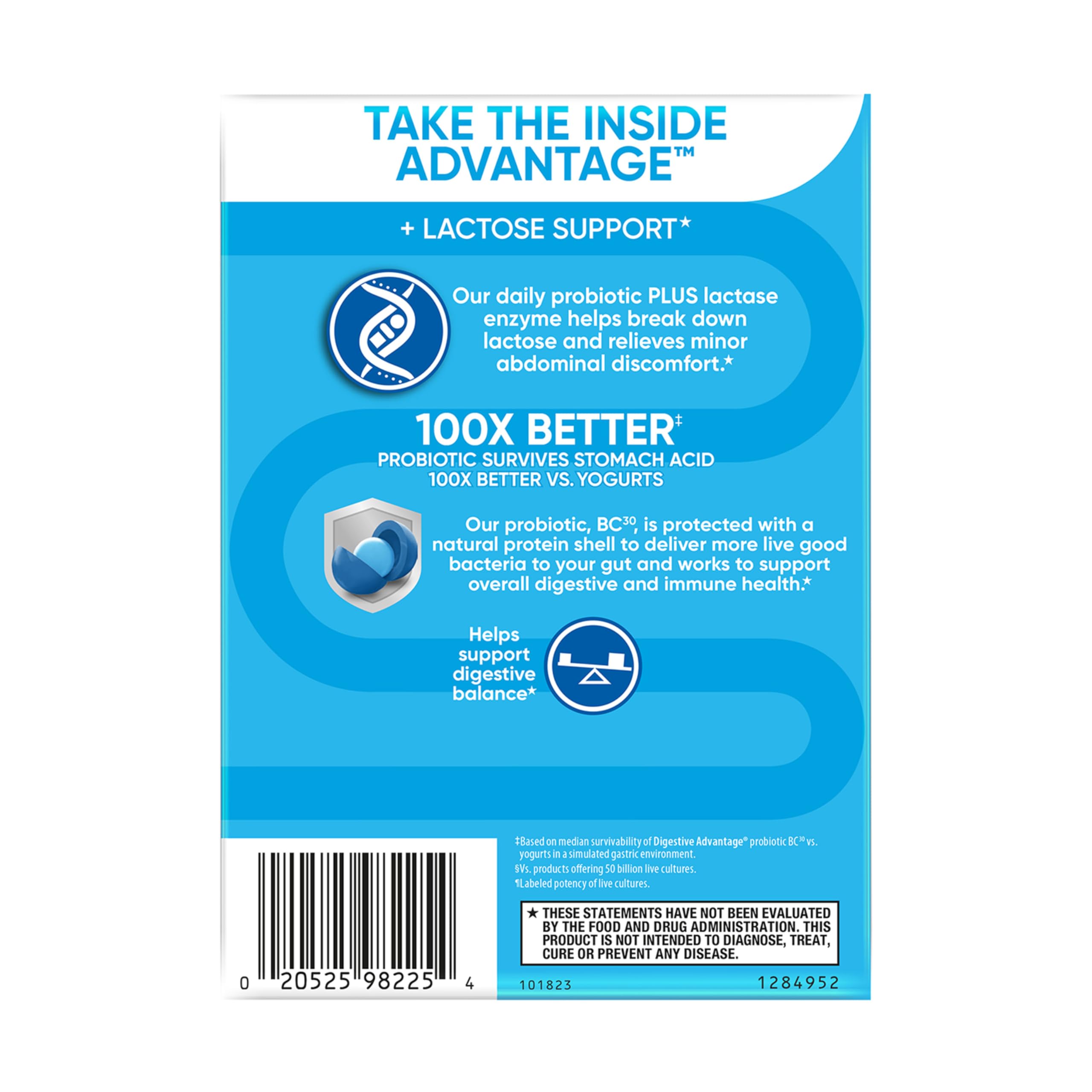 Etiqueta nutricional de Digestive Advantage mostrando ingredientes clave