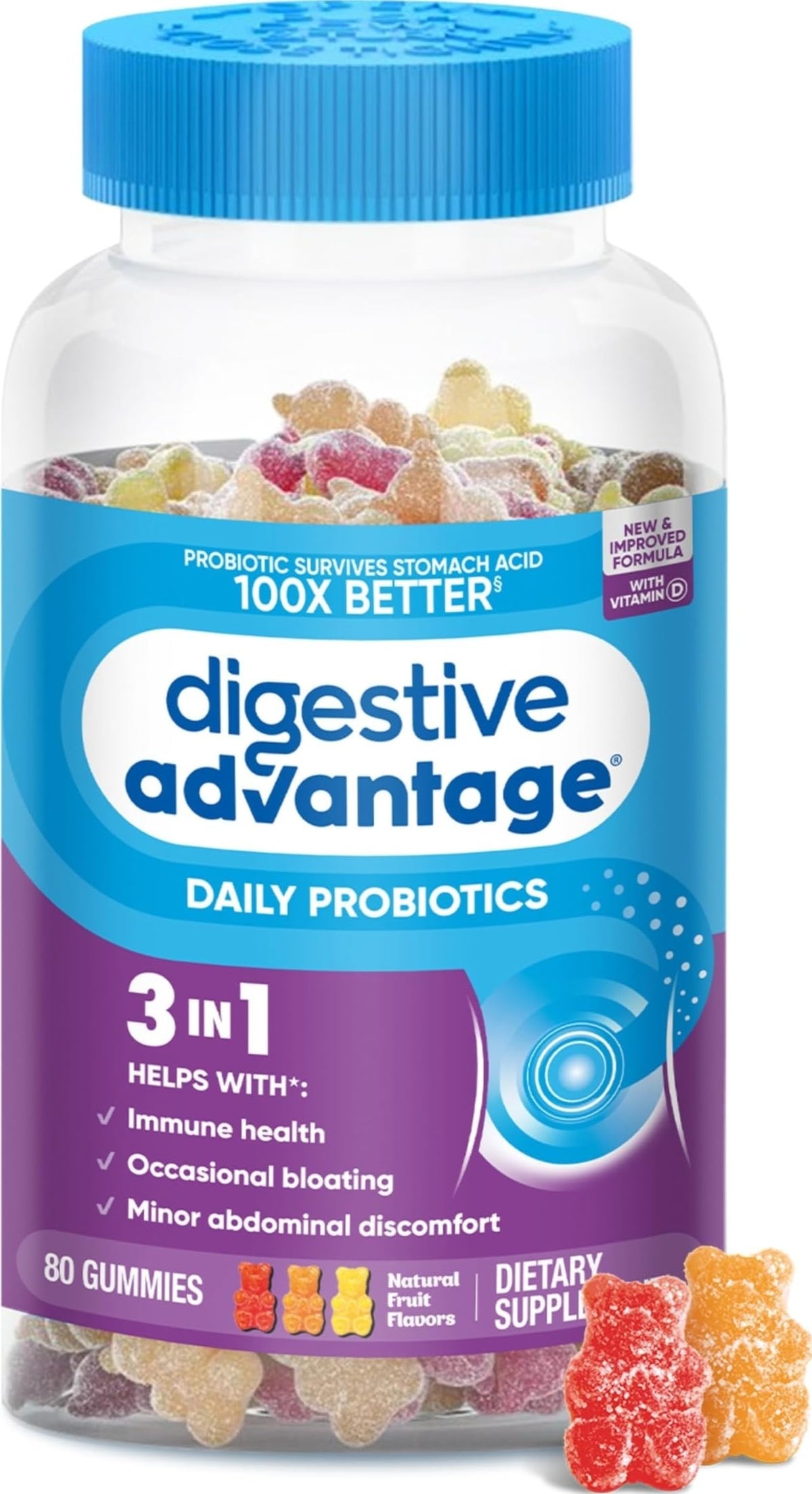 Digestive Advantage frente del empaque mostrando frasco y marca, claridad del producto