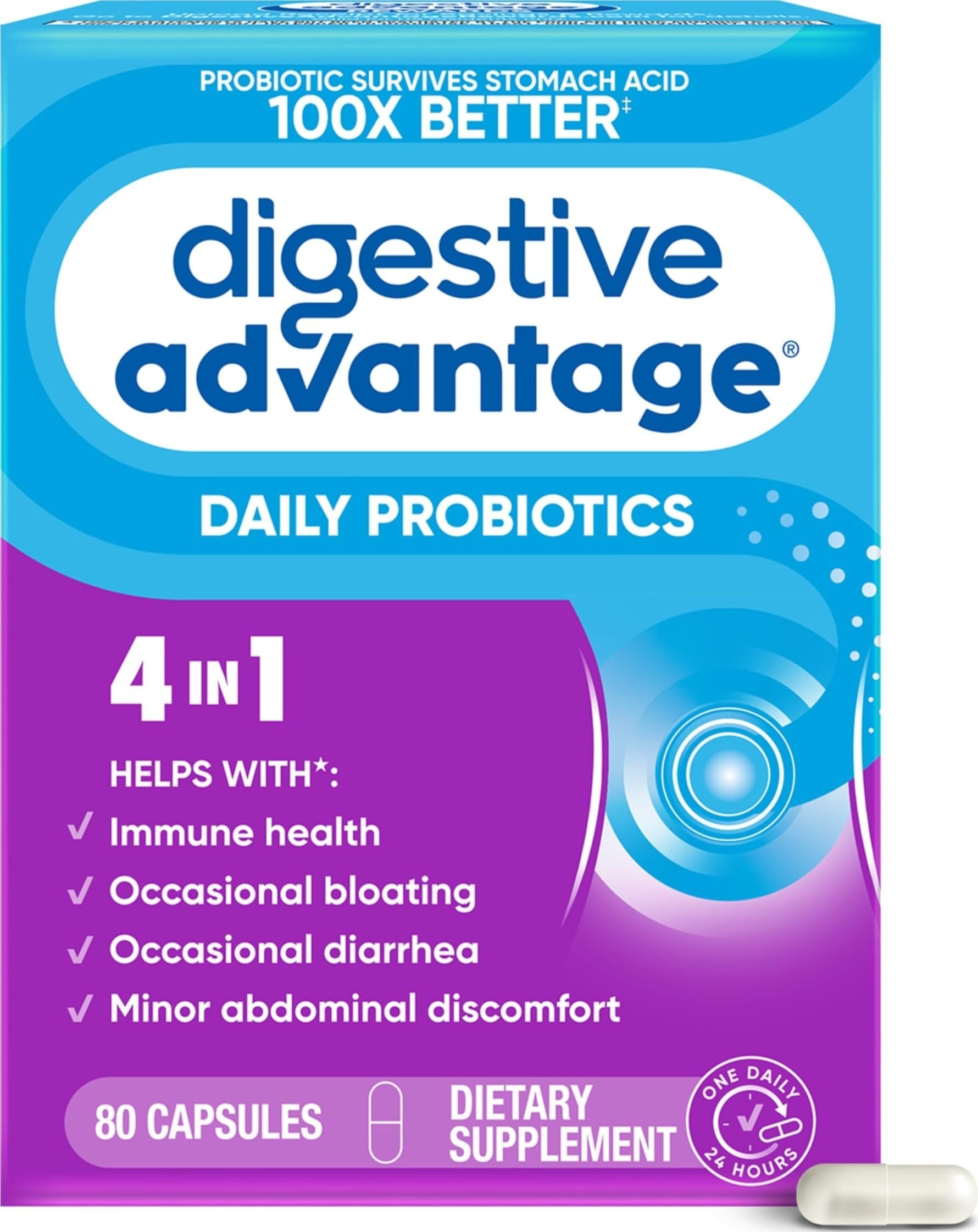 Digestive Advantage frente del envase mostrando 80 cápsulas y beneficios claros
