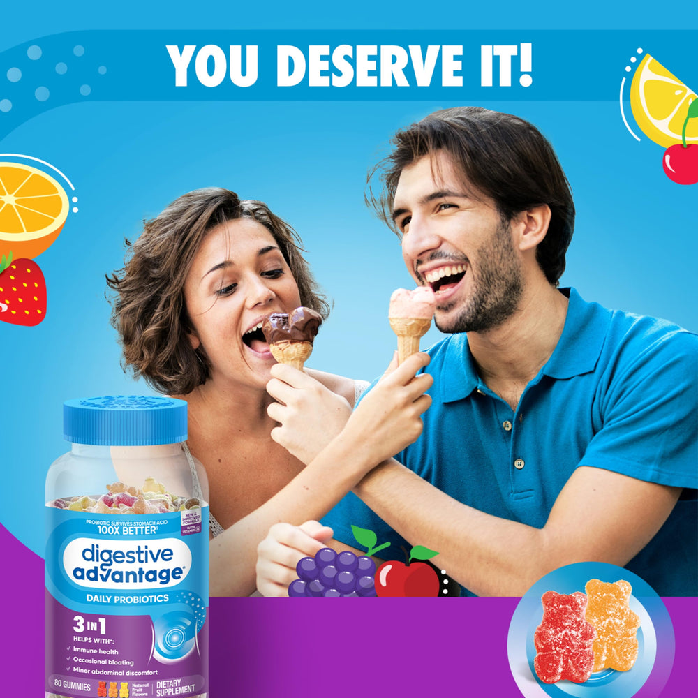 Digestive Advantage gomitas en plato con frutas indicando sabor natural