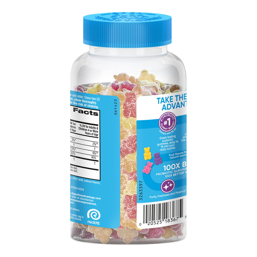 Digestive Advantage primer plano gomita con cápsula de vitamina D destacando aporte