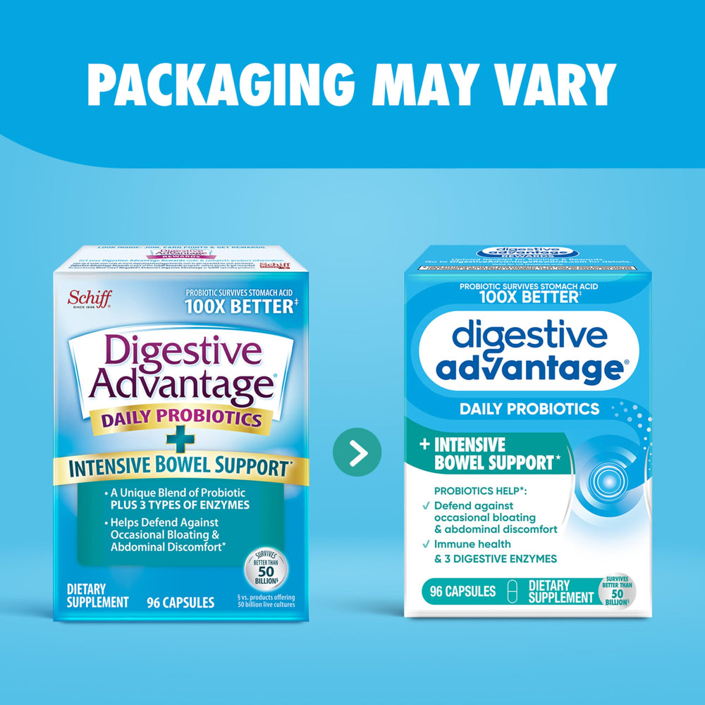 Etiqueta Digestive Advantage con información de probiótico y enzimas