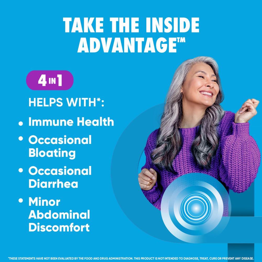 Digestive Advantage cápsula en la palma para mostrar tamaño y fácil ingestión