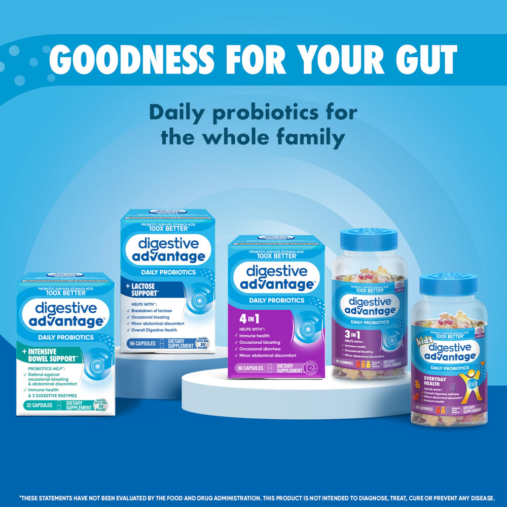 Digestive Advantage junto a alimentos lácteos ilustrando soporte a lactosa