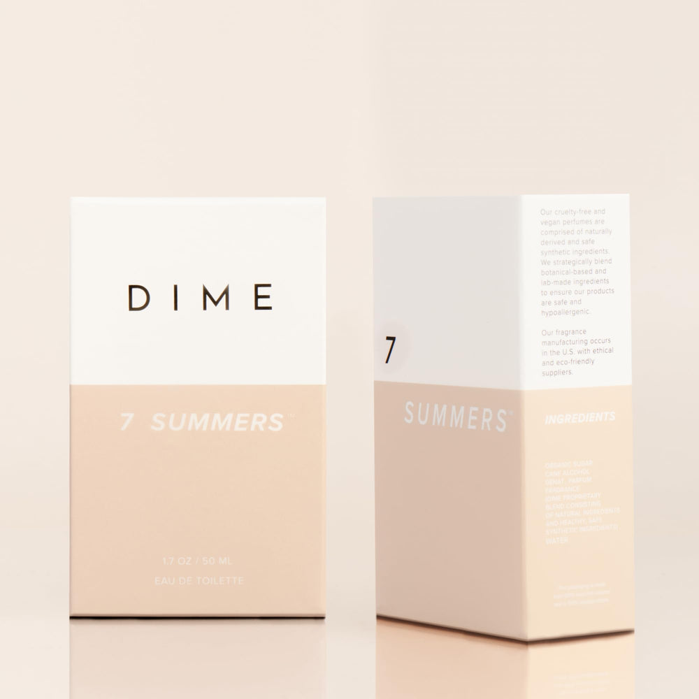 DIME empaque sostenible 7 Summers mostrando caja reciclable y diseño