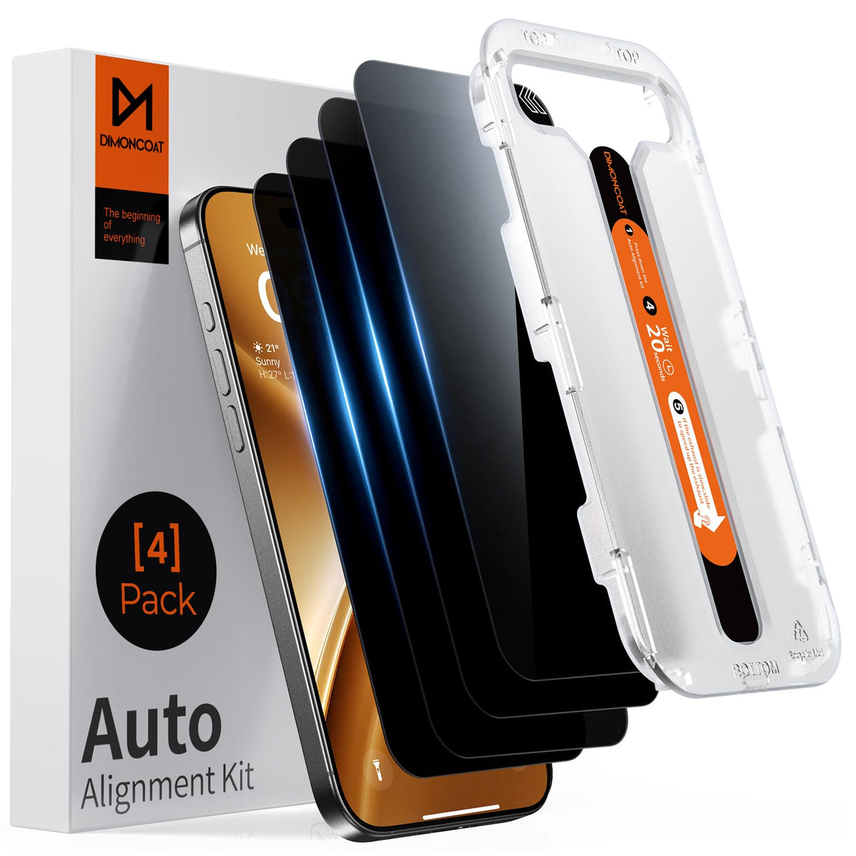 DIMONCOAT front packaging showing four protectors and phone compatibility, clear identification benefit