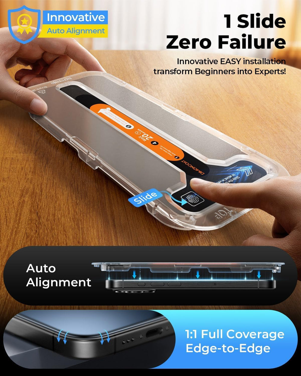 DIMONCOAT alignment tray in use to demonstrate easy one-slide installation accuracy